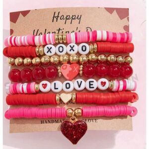 Kawaii 7pcs/Set Fashionable Sweet & Cute Heart Shaped Pendant & Beaded Bracelet